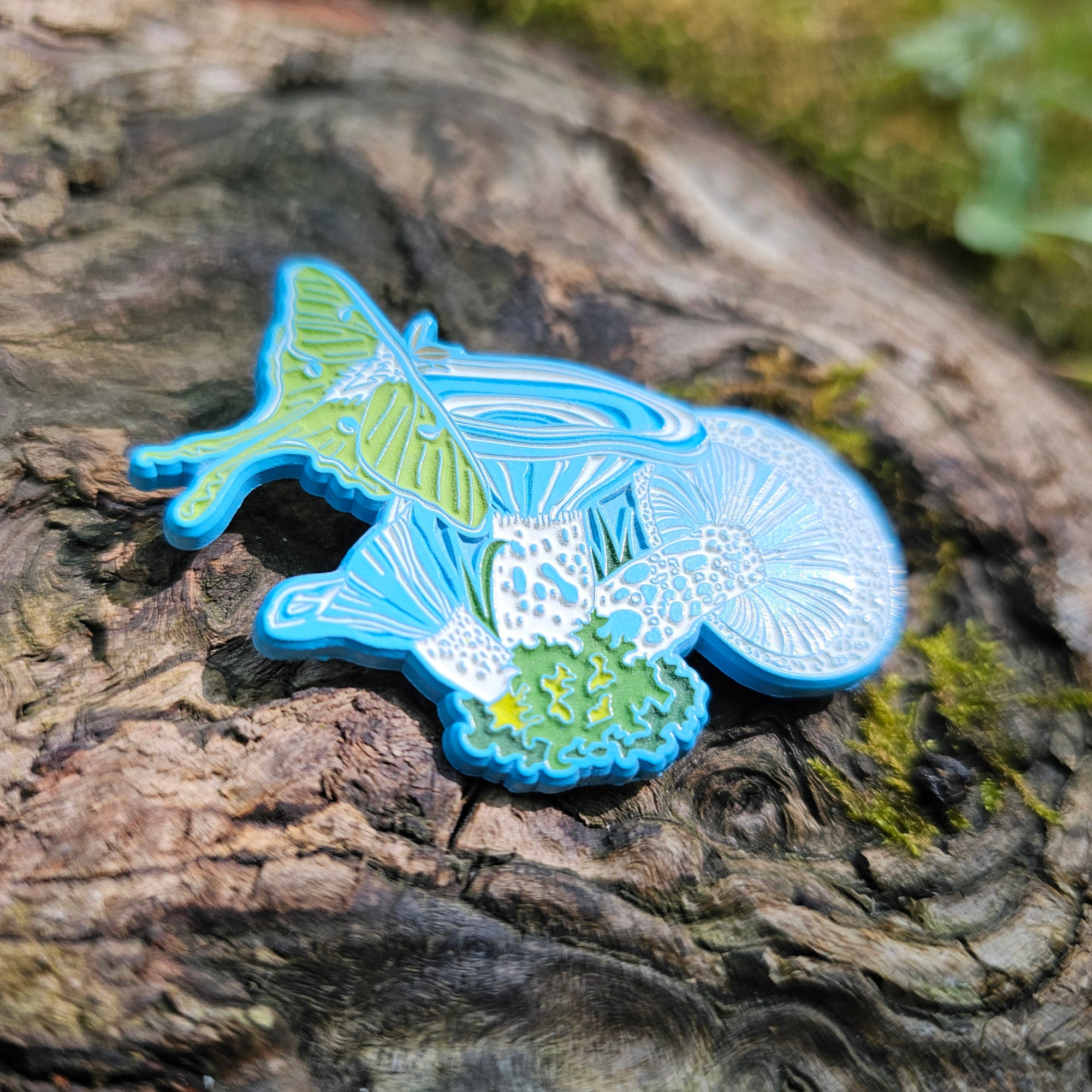 Mythical Mushroom Moth Blue Dyed Metal Psychedelic Shroom Nature Art Insect Glow Enamel Pins Hat Pins Lapel Pin Brooch Badge Festival Pin