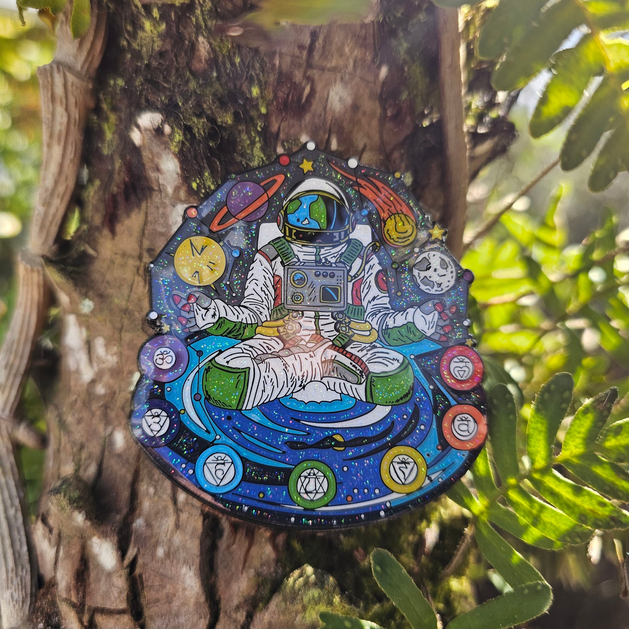 Chakranaut Meditation Astronaut Chakra Cosmonaut Space Buddha Planet Glitter Enamel Pins Hat Pins Lapel Pin Brooch Badge Festival Pin