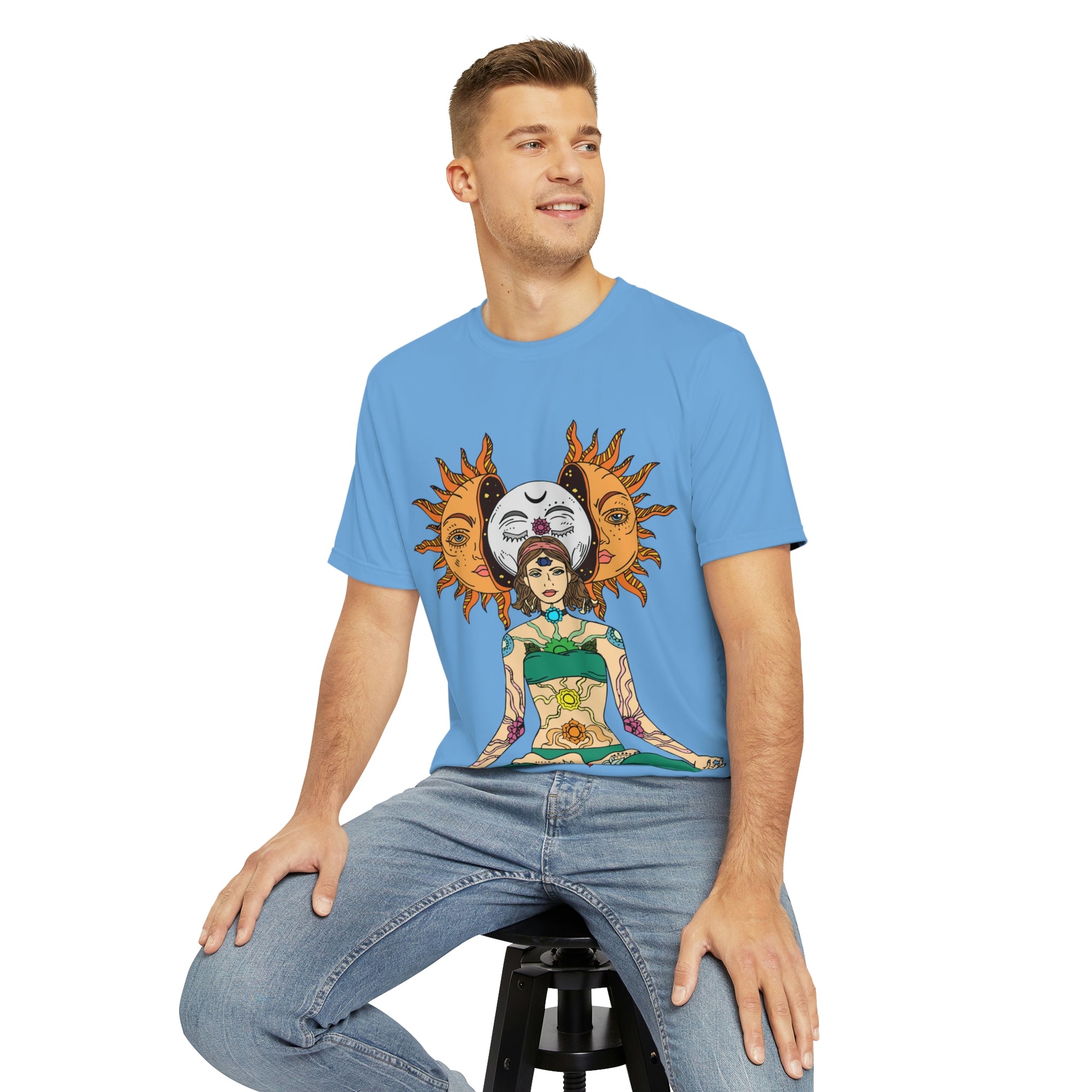 Sun Moon Chakra Meditation Goddess Men&#39;s Polyester Tee (AOP) By Mythical Merch